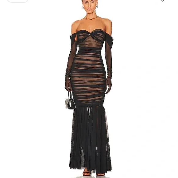 slim fit dress slacks Norma Kamali Cross Halter Fishtail Gown